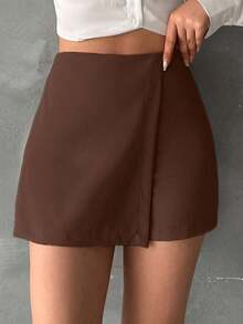 EURMUSE Women's Solid Color Wrap Around Casual Skirt - Coklat - View 3