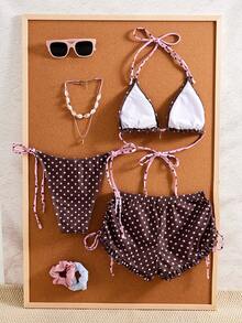 Bonvoyette Women's Summer Seaside Vacation Cute Polka Dot Print Sexy Backless Halter Tie Bikini Set With Shorts And Cover-Up, 3 PiecesSwimsuit Set Beach Brown - Multicolor - View 2