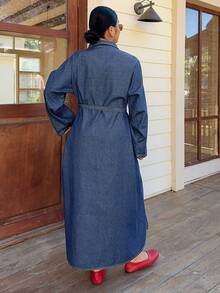 Dazy Plus Đầm denim dáng rộng thoải mái kiểu retro, cổ bẻ, dáng chữ A dài, ôm dáng, thích hợp cho mùa xuân và mùa thu. - Rửa trung bình - Xem 6