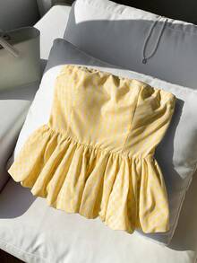 Comfortcana 女士度假款浅黄色格子抹胸上衣 - 淡黃色 - 查看 3