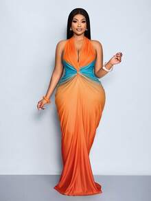 SOLERSUN Women's Plus Size Orange Summer Elegant Tea Party Deep V Plunge Halter Neck Sleeveless Ombre Printed Blue Maxi Dress Vacation Beach Music Festival - Orange - View 6