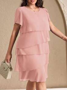 Chikora Plus Size Elegant Solid Color Multi-Layer Dress, Summer - Pink - View 4