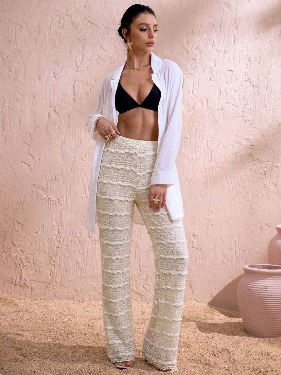 Swim Chiccia 1pc Women's Elegant Knitted Jacquard Beach Cover-Up Pants For Summer Holiday - Apricot - View 1