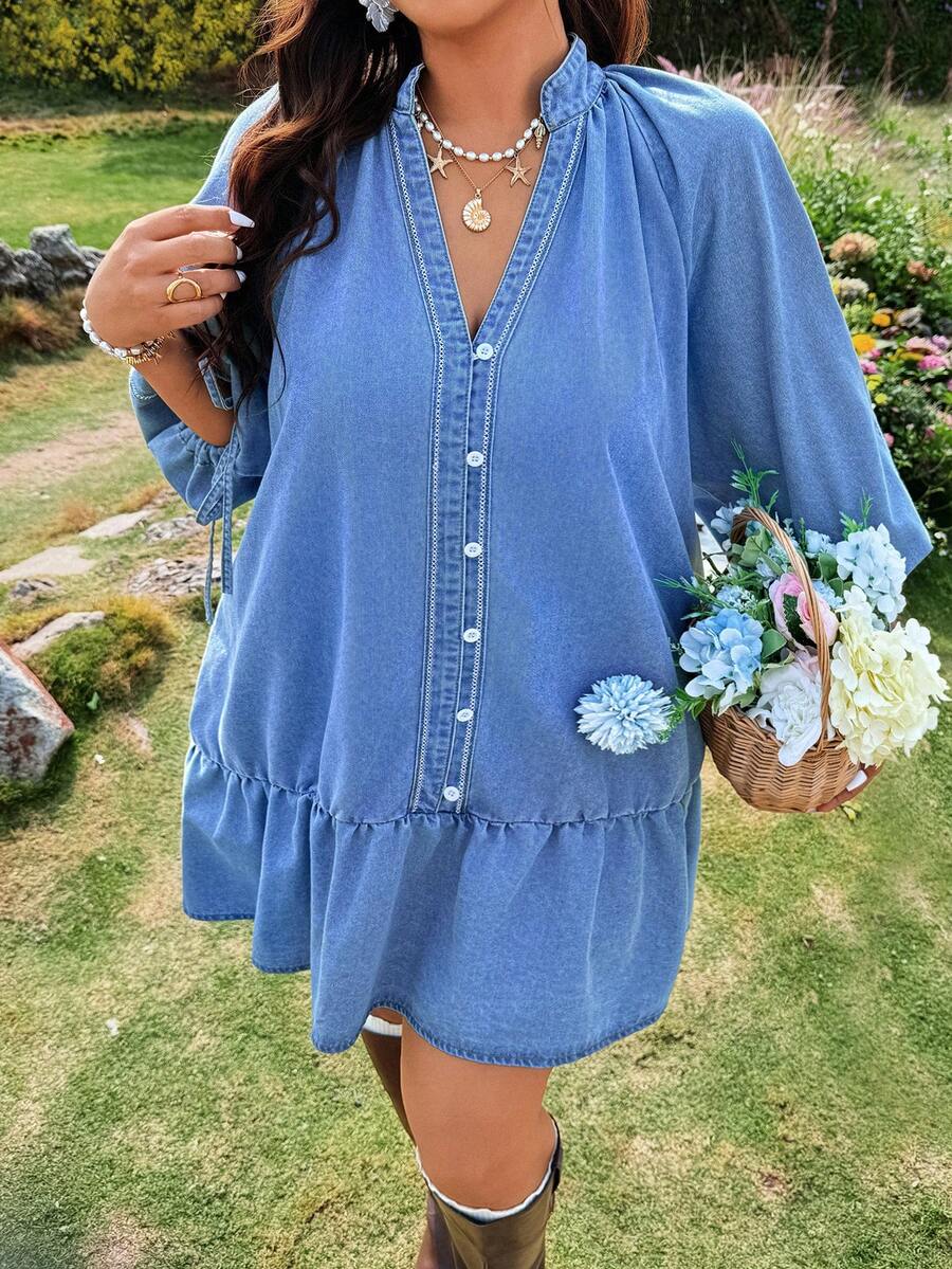 SHEIN Holidaya Plus Size Women Casual Notched Neck Denim Dress - Light Wash - View 1