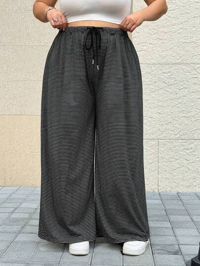 SHEIN CURVE+ Black & White Striped Casual Drawstring Plus Size Pants, Versatile For Autumn/Winter