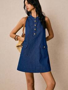 Poéselle Đầm denim nữ mới về, kiểu dáng chữ A không tay, cài khuy nửa thân, màu xanh dương, thích hợp cho mùa thu, phong cách Pháp, đầm thường ngày, đầm đi nghỉ mát, đầm dự tiệc, đầm đi chơi, đầm dành cho người giàu, đầm tựu trường, đầm sinh nhật cho nữ, trang phục giáo viên cho nữ. - Rửa tối - Xem 3