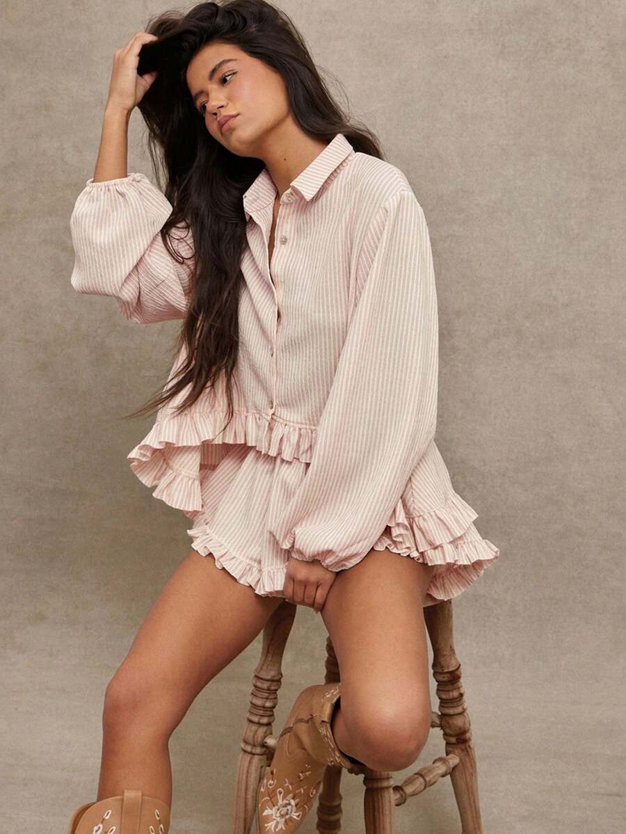 WESTFADE Striped Woven Collared Button Front High-Low Ruffled Shirt & High-Rise A-Line Ruffled Shorts Spring, Resort Wear, Summer, Vacation, Beach, Casual, Cute, Coastal, Cowgirl, Boho, Festival, Country Concert Outfit, Rodeo, Nashville, Western Wear For Women - Baby Pink - View 1