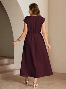 Roveilla Plus Size Women's Square Neck Short Sleeve Maxi Dress, Formal Elegant 1950s Vintage Burgundy Summer French Style Pleated Hem Party Evening Wedding - Maroon - View 2