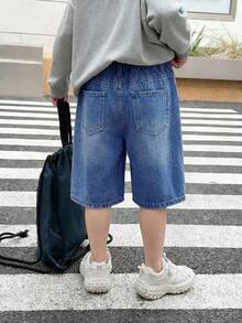 SHEIN Little Byeori 青少年男童休闲百慕大牛仔短裤，带口袋 - 中等水洗藍 - 查看 2