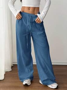 SHEIN PETITE 女士夏季乡村音乐会外出波西米亚海滩度假装扮基本款简约水洗100%纯棉白色弧形裤脚长裤,秋季女装 - 藏蓝色 - 查看 10