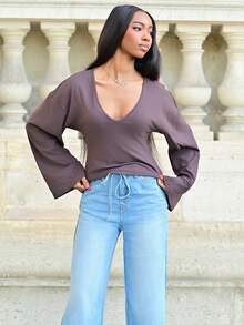 Mima John 女士V领喇叭袖针织毛衣 - 棕色 - 查看 4