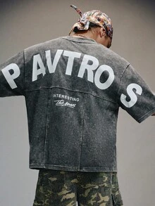 PAVTROS 加大码男士字母印花圆领短袖休闲T恤 - 黑色 - 查看 6