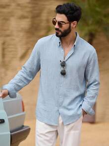 DAZY Men's Long Sleeve Solid Blue Shirt, Spring Summer - Blue - View 3