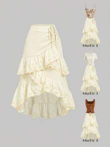 Skyraze Women's Cream White Summer Western Skirt,Drawstring Ruched Knot Schiffy Ruffle Asymmetrical Hem,Vacation Holiday Outfits,Concert Party Boho Y2K Skirt - Apricot - View 2