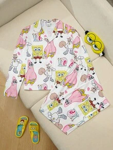 SpongeBob SquarePants | SHEIN 少女长袖纽扣上衣和裤子睡衣套装 - 白色 - 查看 1
