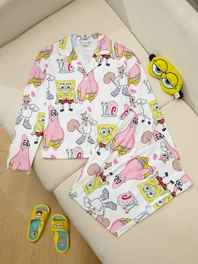 SpongeBob SquarePants | SHEIN 少女长袖纽扣上衣和裤子睡衣套装