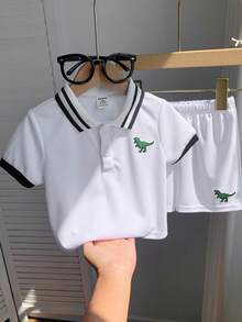 SHEIN Baby Boy Summer Cute White Short Sleeve Polo Shirt And Elastic Waist Shorts Set - White - View 10