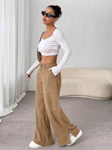 SHEIN Unity 秋冬季休闲时尚灯芯绒侧开衩宽松直筒长裤（女款） - 杏色 - 查看 4