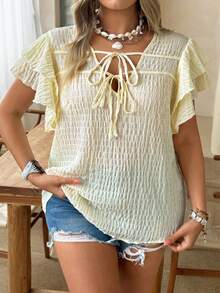 Ceyna Plus Size Women's V-Neck Tie-Up Ruffle Sleeve Casual Blouse,Yellow Boho Summer Vacation Holiday Tops - Light Yellow - View 1