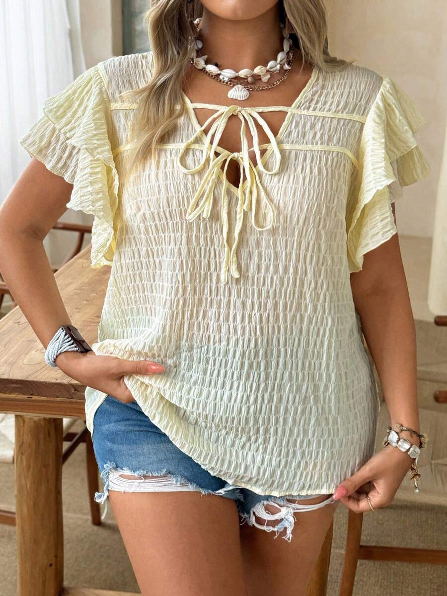 Ceyna Plus Size Women's V-Neck Tie-Up Ruffle Sleeve Casual Blouse,Yellow Boho Summer Vacation Holiday Tops - Light Yellow - View 1