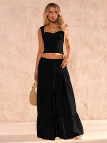SHEIN Glamour Bộ đồ nữ thanh lịch, gợi cảm gồm áo hai dây màu vàng nhạt và chân váy xếp tầng lãng mạn, thích hợp cho kỳ nghỉ, dạo phố, hẹn hò và du lịch. - màu đen - Xem 3