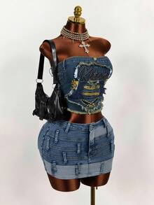 Mistrie Áo ống denim ôm sát dành cho nữ, thêu chữ và viền tua rua. - Màu xanh lam - Xem 5