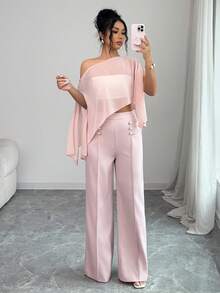 SHEIN Elenzya Bộ đồ nữ mùa hè màu trơn, áo crop top tay ngắn xẻ tà không đối xứng với quần ống loe thắt eo, trang phục công sở thời trang, trang phục đi nghỉ/hẹn hò, ngày Quốc khánh, trang phục giáo viên. - Hồng - Xem 7