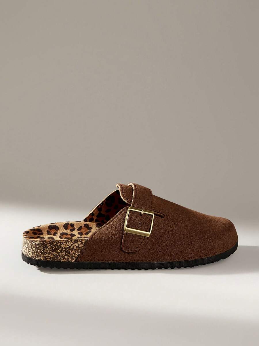 新款女士鞋履，闭趾豹纹鞋垫搭扣PVC水松木厚底，巧克力棕色休闲复古森系约会时尚度假风 - 巧克力棕 - 查看 1