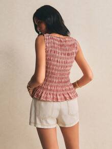 Poéselle Camiseta de tirantes casual a cuadros para mujer en verano - Rojo - Ver 9