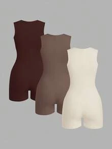 SHEIN EZwear 3件套女士天鹅领无袖紧身连体衣套装，塑身连体衣，女士连体衣，女士塑身连体衣，女士连体衣，女士连体衣套装，女士收腹连体衣套装 - 彩色 - 查看 2