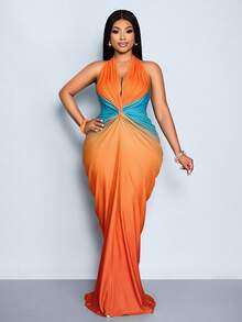 SOLERSUN Women's Plus Size Orange Summer Elegant Tea Party Deep V Plunge Halter Neck Sleeveless Ombre Printed Blue Maxi Dress Vacation Beach Music Festival - Orange - View 1