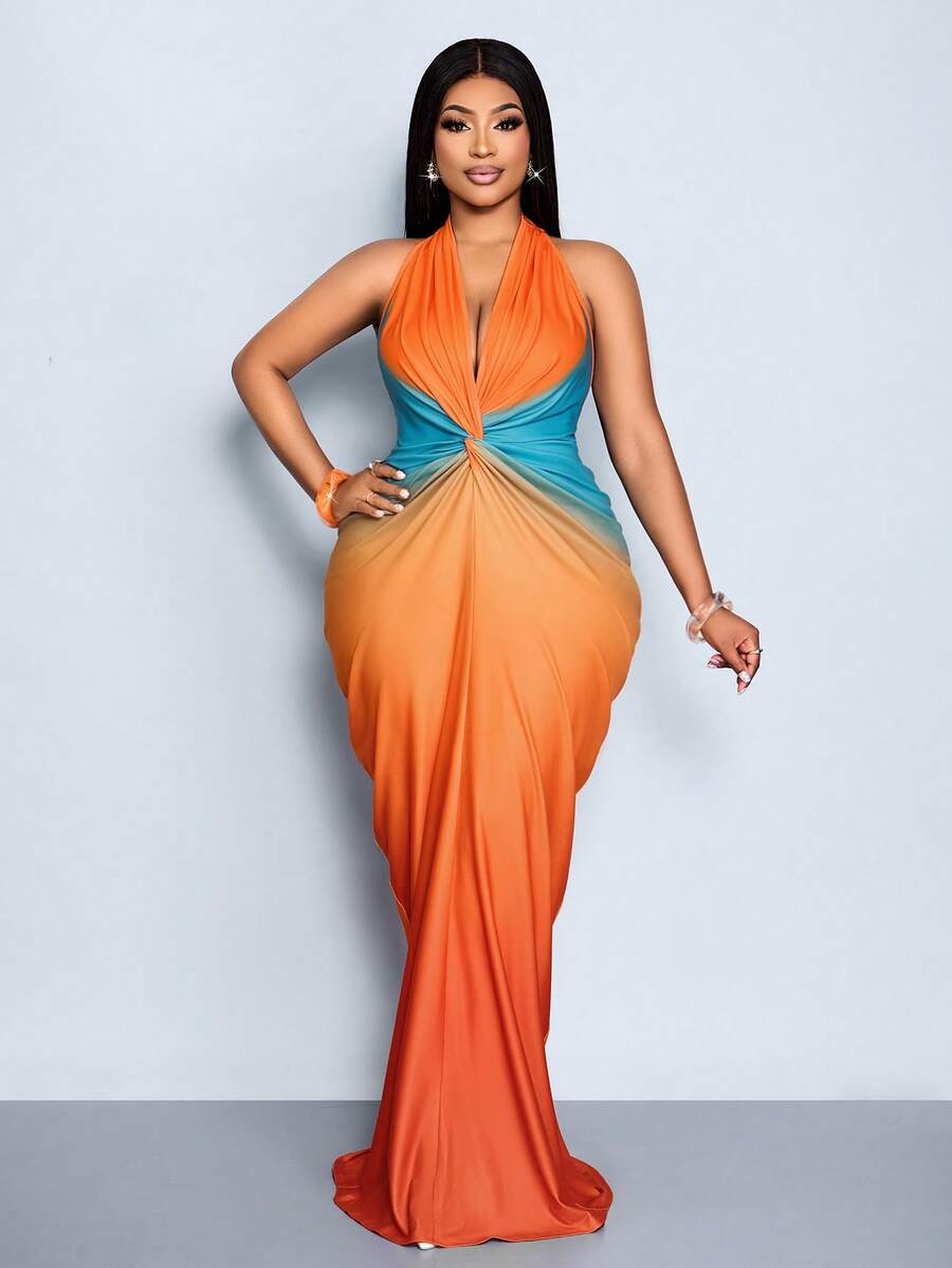 SOLERSUN Women's Plus Size Orange Summer Elegant Tea Party Deep V Plunge Halter Neck Sleeveless Ombre Printed Blue Maxi Dress Vacation Beach Music Festival - Orange - View 1