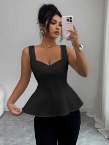 SHEIN Elenzya 女士甜心领前开衩腰部A字无袖吊带背心，优雅复古法式风格，适合通勤、商务、度假、休闲等多种场合，春夏新款女式上衣，优雅高贵的女士束身胸衣，性感女士上衣 - 黑色 - 查看 3