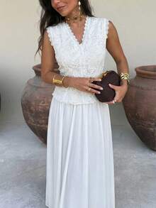 Firerie Women's Elegant Lace V-Neck Cap Sleeve Top And A-Line Skirt Suit,Elegant Romantic Delicate Atmosphere New Year Party Valentine's Day Date Mandarin Collar Lace Sheer Lantern White Blouse And Skirt Suit For Summer Greek Style Dress Classy Dresses For Ladies Greece Outfits For Women Women Elegant Outfits Women Dresses Elegant Classic,Work Outfits For Women - White - View 3
