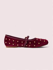 CUCCOO DOLLMOD Red Suede Square Toe Sweet Rivet Low Vamp Flat Sole Shoes - Red - View 3