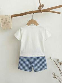 SHEIN 2pcs/Set Baby Boy Holiday Printed Top And Fashionable Plaid Shorts Set, Suitable For Vacation, Summer, Travel, School, Festivals - Blue - View 2