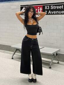 StreetHx 女士时尚复古直筒宽松牛仔裤，带腰带环 - 黑色 - 查看 5