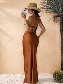 SHEIN Swim 焦糖色高光泽面料腰部镂空露背吊带连体泳衣，侧边褶皱开衩裙摆，春夏款 - 橘色 - 查看 2