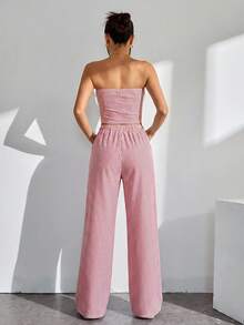 SHEIN PETITE 2pcs Women Striped Bandeau Top And Tie Waist Long Pants Set - Red - View 2