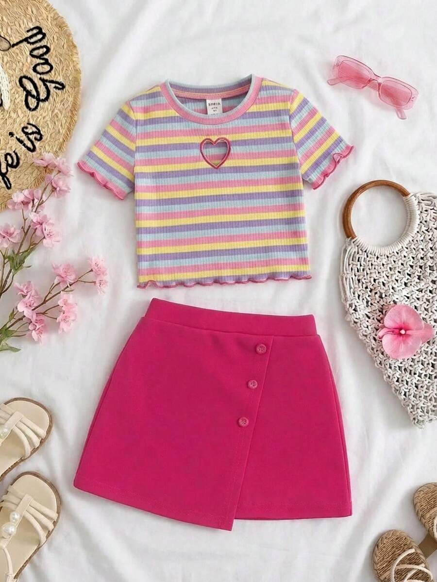 Áo ngắn tay sọc ngắn hàng ngày ngọt ngào và mát mẻ của Tween Girls với váy - Màu Hồng Tươi - Xem 1