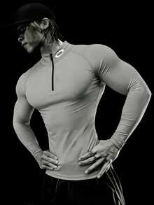 GymBeat 男士立领半拉链插肩袖修身运动T恤 - 灰色 - 查看 3