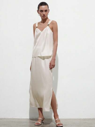 Aveloria Modichic Women's 2 Piece Set Satin Textured Fabric Straight Fit Metal Ring Shoulder Straps Pleated Neckline Side Slit Hem Elegant Date Minimalist Luxury White Sets Elegant Dresses For Women White Dresses For Women Wedding Guest Dress For Women White Dress For Women