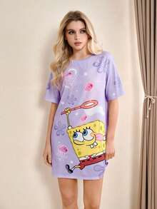 SpongeBob SquarePants | SHEIN 女士休闲圆领短袖睡袍 - - 紫色 - 查看 5