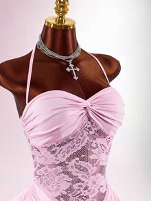 Amplova Đầm ngắn màu vàng lãng mạn cho kỳ nghỉ xuân, kiểu cổ yếm, xoắn phía trước, cổ chữ V, xẻ tà, dành cho nữ. - Hồng - Xem 5