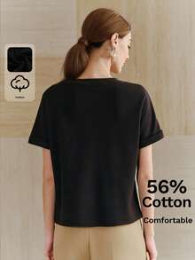 Anewsta Áo thun nữ thanh lịch, chất liệu 56% cotton, kiểu dáng tối giản, cổ tròn, tay ngắn, dáng rộng, thêu họa tiết bướm đính sequin. - màu đen - Xem 2