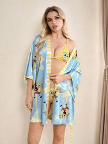 SpongeBob SquarePants | SHEIN 女士卡通印花系带睡袍 - 藍色 - 查看 6