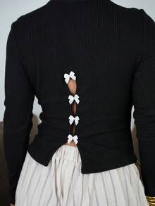 SAYEHFBABY 女士甜美休闲镂空蝴蝶结后背修身圆领黑色 T 恤，秋冬 - 黑色 - 查看 3