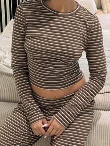 IamThia Damen Lässig Homewear Pyjama Set, beinhaltet gestreiftes Crew Neck Langarm T-Shirt und weite gestreifte gerade Hose, geeignet für den täglichen Gebrauch, Sport, Herbst/Winter - Braun - Übersicht 6