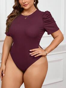 SHEIN Privé Plus Size Women Black Minimalist Bodysuit, Fall Back To School - Coffee Brown - View 3