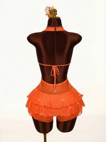 Amplova Mono con lentejuelas sexy y con espalda descubierta para mujer - Naranja - Ver 2